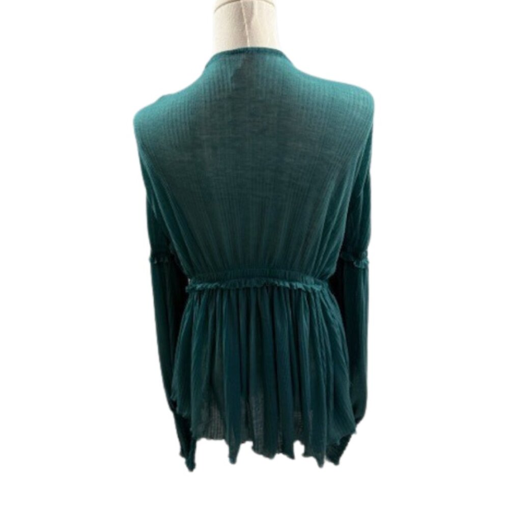 Free People Teal Peplum Blouse Size M Flowy Long Sleeve BOHO - Picture 6 of 10